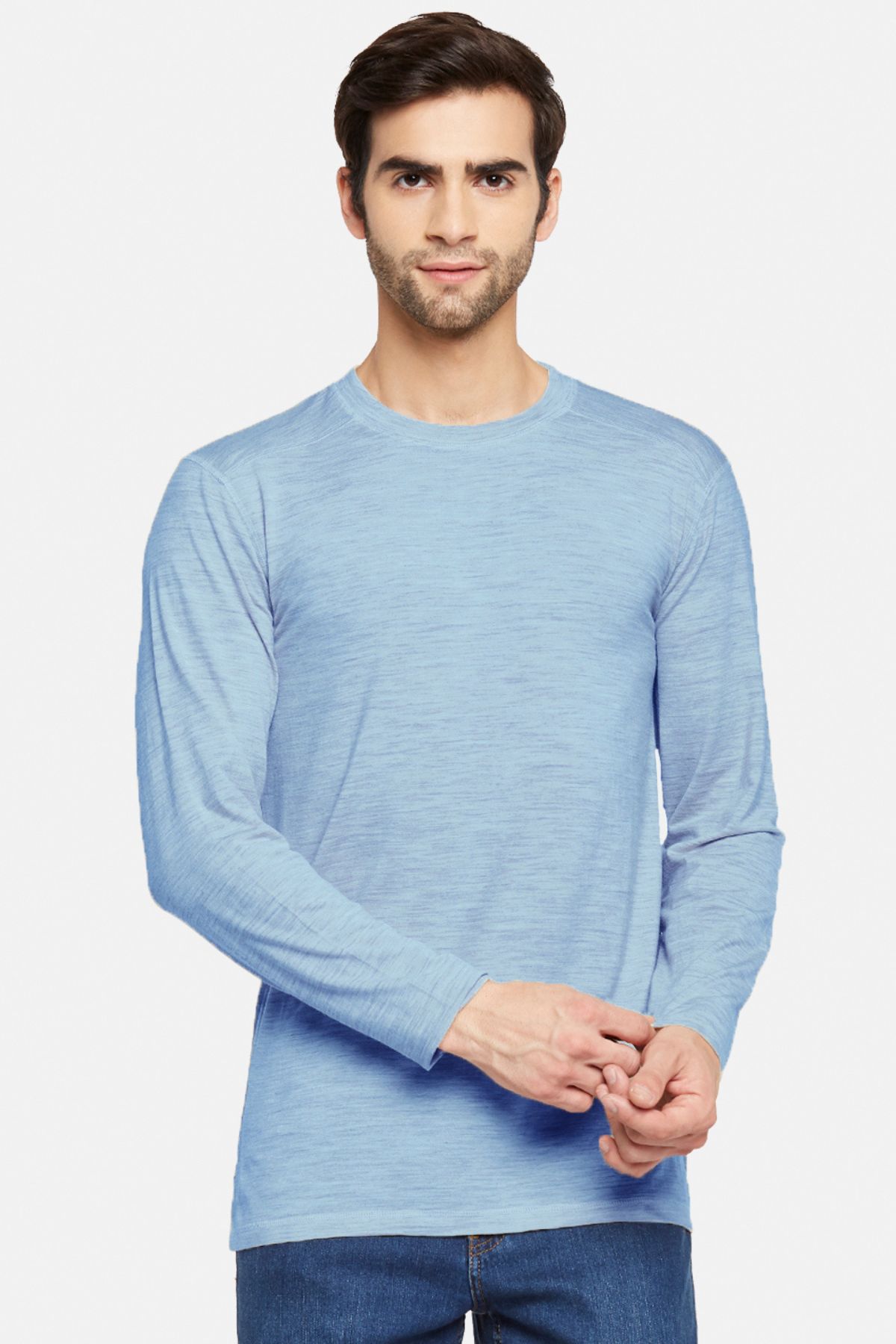 Sky Blue Merino Wool Bamboo Full Sleeves Thermal Tee | Men